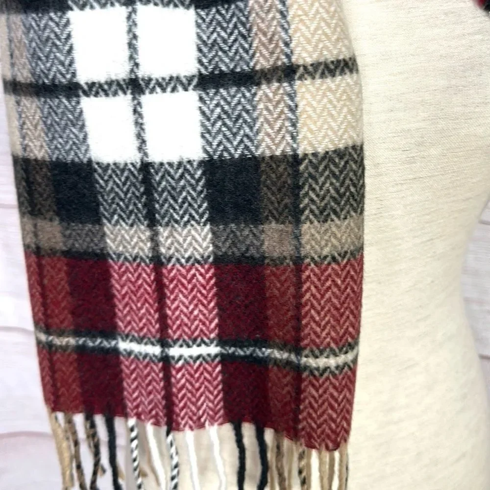 Geoffrey Beene Plaid Wool Scarf Red Gray Beige Made in Italy Vintage Unisex